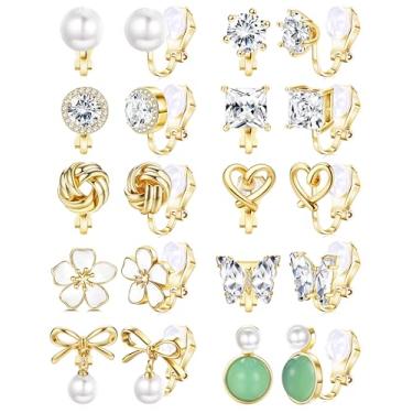 Imagem de THUNARAZ Brincos femininos com clipe de ouro, confortáveis, não perfurados, pérola, zircônia, coração, flor, borboleta, clipe, hipoalergênico, brincos falsos, joias, Zinco Zircônia cúbica, Zircônia