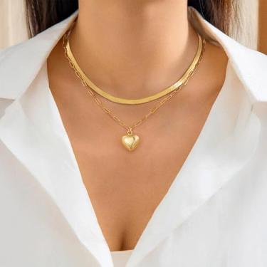 Imagem de Colares femininos banhados a ouro 14K em camadas com pingente de coração grosso, clipe de papel em camadas delicadas, corrente empilhável, presente de Natal, aniversário, joias modernas, 15/17+2.5
