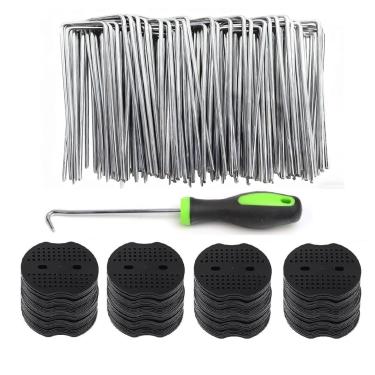 Imagem de Grampos de paisagem galvanizados de 10 cm, 200 peças, com junta de 200 peças, estacas de tecido de paisagismo, estacas de barreira de ervas daninhas, pontas de jardim, grampos de cobertura de solo