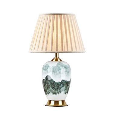 Imagem de Abajur de mesa de cerâmica pintado à mão, grande, com cúpula combinando - Luminária de mesa moderna com formato de paisagem para quarto, sala de estar ou mesa de centro.