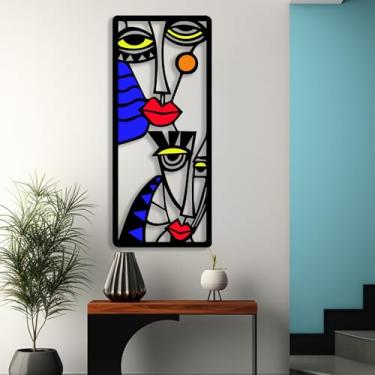 Imagem de Arte de parede de metal – Escultura de rosto moderna abstrata multicolorida inspirada em Picasso – Decoração de parede minimalista para sala de estar, quarto ou escritório – Arte artística