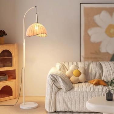 Imagem de Luminária de chão clássica decorativa com cúpula de tecido, altura ajustável, estilo vertical, ideal para cantos de sofás, perfeita para leitura na sala de estar, com base de mármore e inter