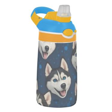 Imagem de Garrafa de água Tritan de 473 ml portátil infantil 473 ml com canudo reutilizável à prova de vazamento, alça de transporte, cabeças de cachorro de desenho animado azul escuro