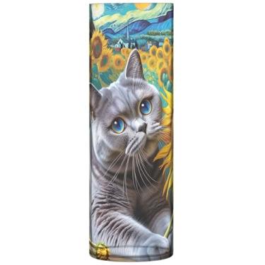 Imagem de British Shorthair Cat Girassóis decorativos vasos de flores cilíndricos vasos altos de plástico bonito personalizado floral mesa centros de mesa, 30 cm x 9,9 cm