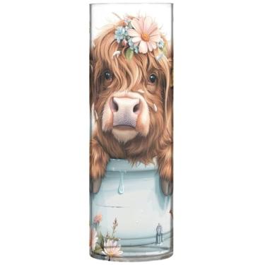 Imagem de Vasos cilíndricos fofos de vaca Highland para decoração de casa, vaso redondo de plástico, decorações personalizadas fofas para quarto, 30 cm x 9,9 cm