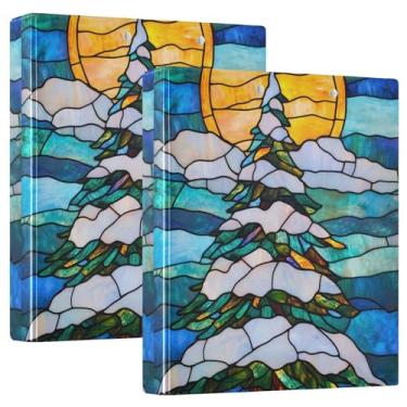 Imagem de Fichários de 3 anéis para árvore de Natal de vidro manchado, 3 polegadas, 200 folhas, pastas, caderno, anel redondo, 31,5 x 27 x 6 cm, pacote com 2