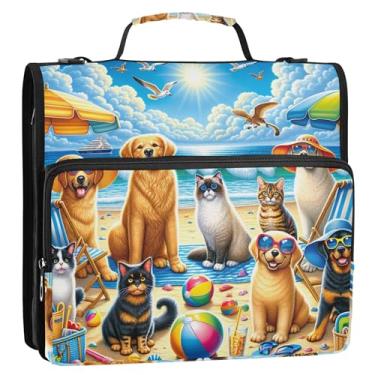 Imagem de Fichário fofo com 3 anéis de 3,8 cm, anéis D, cães, gatos, verão, praia, com zíper, pasta de armazenamento com alça de ombro para escola