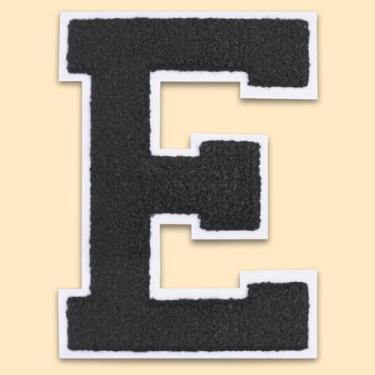 Imagem de QianSiLi Adesivos de letras universitárias de chenille preto de 11 cm, letras grandes para jaquetas Letterman, moletons com capuz, mochilas, coletes, roupas, adesivos individuais de letra E