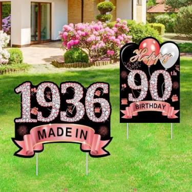 Imagem de Puyruiv 2Pcs Rose Gold 90Th Birthday Yard Sign Decoration Para Mulheres, Feliz Aniversário De 90 Anos, Feito Em 1935, Suprimentos Para Festa De Gramado, Estacas De Decoração De Quintal De Aniversári