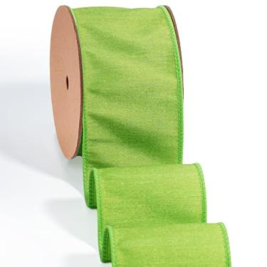 Imagem de LaRibbons Fita verde com fio 6 cm x 10 metros, verde limão Dupioni Spring Craft Ribbon com borda com fio para Páscoa, embrulho de presente, arranjos florais, grinaldas, laços e decorações DIY