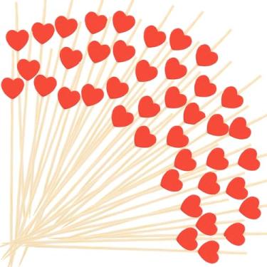 Imagem de 100 palitos de coquetel de coração, palitos de bambu de coração vermelho para aperitivos, frutas, comida, bebida, bolo, dia dos namorados, casamento, festa de aniversário, 12 cm
