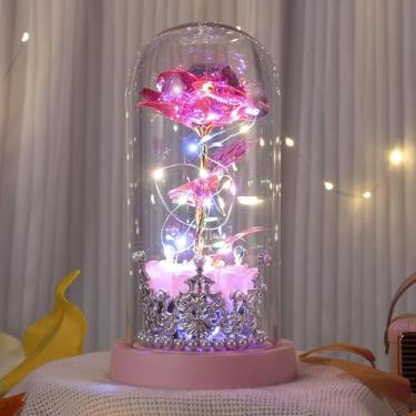 Imagem de Strackvial Dia dos Namorados para mulheres, rosa eterna iluminada com coroa de prata, rosas artificiais de LED na base rosa, presente de aniversário para mãe, esposa, namorada (rosa)