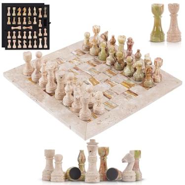 Imagem de SPESHSTONES Marble Chess Set 15 Inch Travertine & Green Checkers Board Game with Pieces, 2 Extra Queens and Storage Box, Strategy Set for Adults & Family, Travel, Tabletop Play