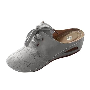 Imagem de Sandália feminina de salto plataforma com cadarço e bico fechado, casual, plus size, design vazado, sola macia, calçado de praia, Cinza, 35