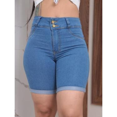 Imagem de Short jeans feminino meia coxa com lycra cintura alta barra dobrada mo