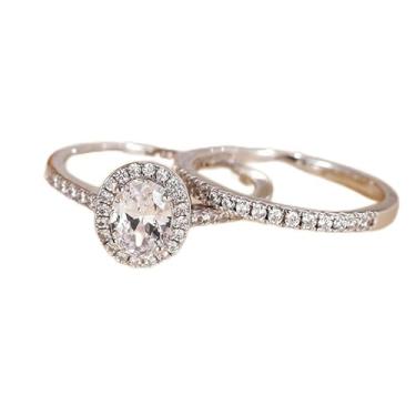 Imagem de 2 peças de anéis de zircônia cúbica ovais brancos banhados a prata para mulheres, alianças de casamento, noivado, festas noturnas, presente, Metal, Zircônia cúbica