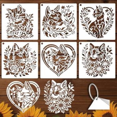 Imagem de GOMAKERER 6 folhas de estênceis de gato Theam para pintura, 6 estilos, modelo de desenho de gato, reutilizável, animais fofos, modelos de arte para álbum de arte de parede, agenda, agenda, scrapbook