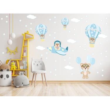 Imagem de adesivo de parede urso aviador balões e bexigas azul decoração quarto 