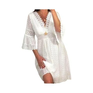 Imagem de Vestido de cintura alta feminino, branco, decote em v, oco, renda, ele