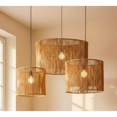 Imagem de Kit 3 Luminária Rústica Loja Lustre Pendente de Teto Boho Fibra Natural Palha Sisal Cor Rajada