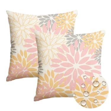 Imagem de AVOIN colorlife Capas de almofada impermeáveis com flores dálias cinza e rosa, 45,7 x 45,7 cm, decoração para sala de estar ao ar livre para sofá conjunto de 2