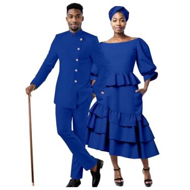 Imagem de Conjunto de blazer e calça combinando com roupas para casal, vestido e lenço de cabeça, Azul, M