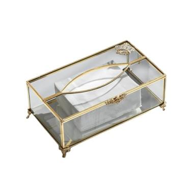 Imagem de GHJUMKFDF Porta-lenços de papel de vidro transparente – suporte de caixa de lenços, suporte de lenços faciais dourado para cômoda banheiro quarto escritório em casa bar restaurante decoração