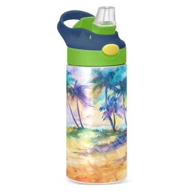 Imagem de Qilmy Garrafa de água infantil Hawaiian Sunset Palms com tampa de palha, garrafa isolada a vácuo de aço inoxidável para crianças, meninas, meninos, livre de BPA e à prova de vazamento830