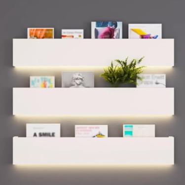 Imagem de Suporte de parede para revistas montado na parede, conjunto de 3, prateleiras flutuantes de metal com luz LED iluminada embutida, prateleira de exibição decorativa, para sala de estar, quarto