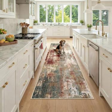 Imagem de RELEANY Tapetes laváveis 6 x 20 cm, antiderrapante, moderno, abstrato, macio para sala de estar, entrada, quarto, berçário, estampado, marrom, ferrugem, vermelho, verde, azul, multi