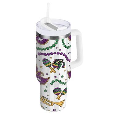 Imagem de Blueangle Copo isolado padrão Mardi Gras de 1,134 g com alça e tampa de palha, caneca de viagem reutilizável de aço inoxidável (761)