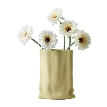 Imagem de Vaso de cerâmica de flores frescas, vaso de arranjo de flores para casa e sala de estar, decoração de mesa de varanda, vaso de saco de papel adequado para uso interno (amarelo)