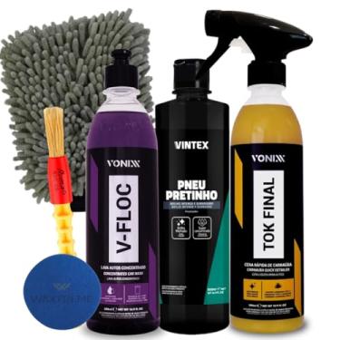 Imagem de VONIXX Kit Limpeza Automotiva V-FLOC + TOK FINAL + VINTEX Pneu Pretinho com Luva e Aplicador