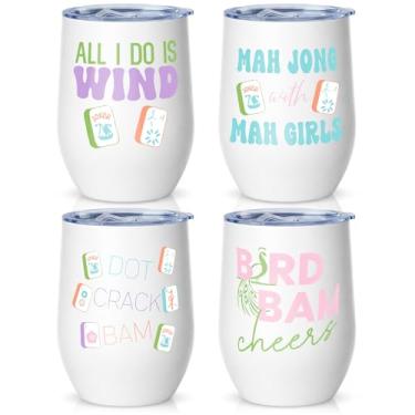 Imagem de Patelai 4 peças Mahjong Tiles Accessories Tumbler, Mah Jong Gifts Copo de aço inoxidável com tampa e canudo 340 g, presentes para jogadores de Mahjong amantes de xícara de café de viagem