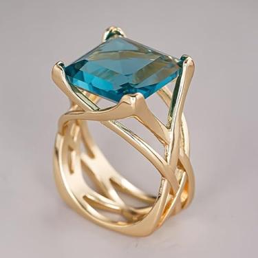 Imagem de Anel feminino vintage luxuoso azul de zircônia sintética - KC banhado a ouro 4 garras quadrado azul - como pedra de casamento, aniversário e pedra do mês de setembro, presente de joias fashion para
