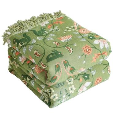 Imagem de Cobertor Boho para cama 203 x 228 cm, cobertor 100% algodão para sofá de sofá, colcha de musselina ultra macia de 4 camadas com estampa floral, cobertor/capa para decoração de sala de estar