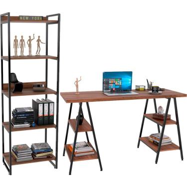 Imagem de Kit Mesa Cavalete 135 cm com Estante 5 Prateleiras Estilo Industrial Form C01 Nogal - Lyam Decor