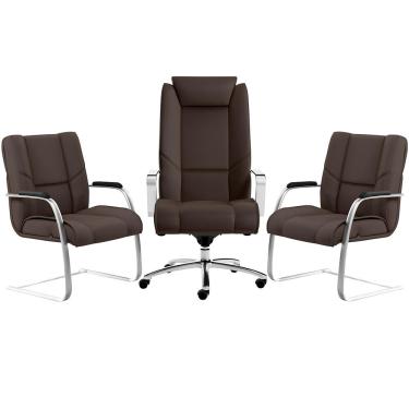 Imagem de Kit Cadeira Presidente Com 02 Cadeiras Fixas New Onix F02 Tecido Sintético Marrom - Lyam Decor