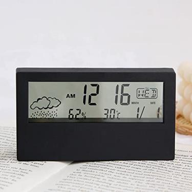 Imagem de Despertador LCD multifuncional com sensor de temperatura e umidade, despertador alimentado por bateria para escritório doméstico e viagem (preto)