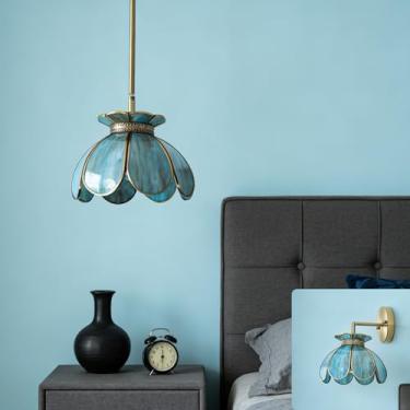 Imagem de Mini luminária de teto de latão semi-embutida montada na parede ou na parede de 2 vias, flor vintage para ilha de cozinha, sala de jantar, sala de estar, arandelas. Certificação UL, azul-verde misto