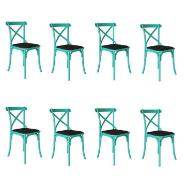 Imagem de Kit 8 Cadeiras Katrina Assento Corano Preto Aço Azul Turquesa Azul