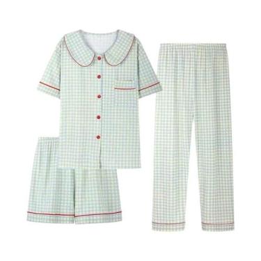 Imagem de Conjunto De Pijamas Femininos Em Xadrez Com Cardigã De Manga Curta Par