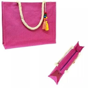 Imagem de Bolsa De Ombro Bolsa Feminina Praia Palha Sintética Com Zíper E Forro Sacola Ecobag Tote rosa