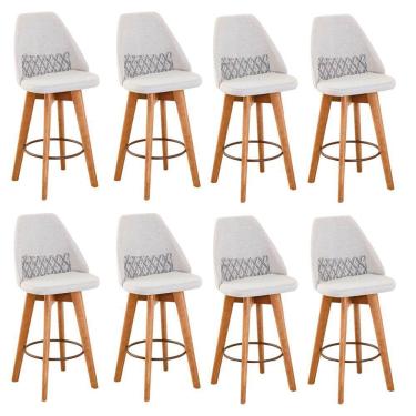 Imagem de Kit 08 Banquetas Alta Maya Giratória Com Encosto Linho Bege Claro e Almofada Zigzag - Aurora Line