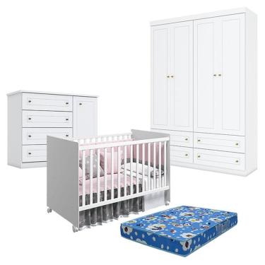 Imagem de Quarto De Bebê Americano 4 Portas Com Berço Nacional Mel Branco Acetinado - Reller - Henn E Colchão Ortobom.