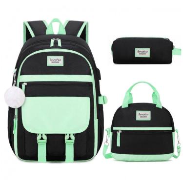 Imagem de Mochila Bevalsa 3 em 1 verde e preta com lancheira e estojo, para notebook até 15,6"