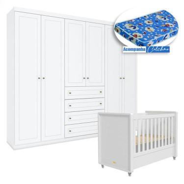 Imagem de Berço Tutto New com Guarda Roupa Mississipi 6 Portas Branco Fosco e Colchão Ortobom - Matic