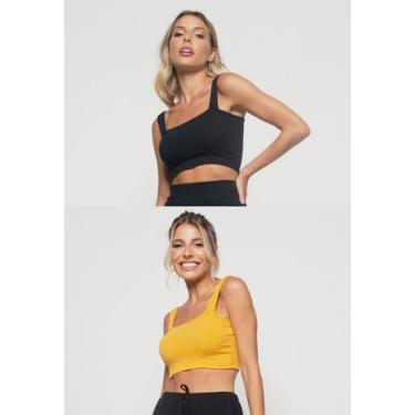 Imagem de Kit 2 Croppeds Top Faixa Comfy Malha Canelada Preto e Mostarda Salvato