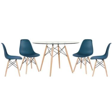 Imagem de Mesa redonda Eames com tampo de vidro 120 cm + 4 cadeiras Eiffel DSW -