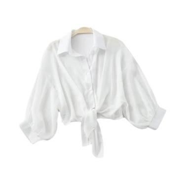 Imagem de Blusa Feminina De Verão Com Manga Curta E Botões Em Chiffon, Solta, Ca